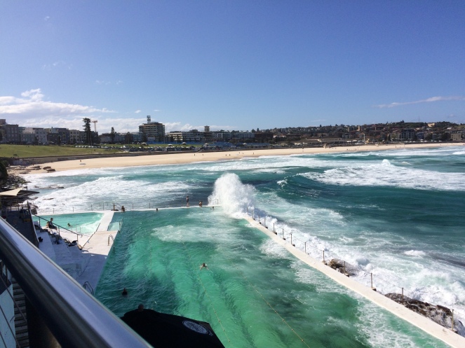 At famous Bondi Beach, sitting in the comfort of the icebergs club. Freezing cold and blowy outside.